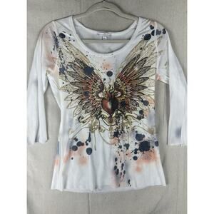 Moa Moa Shirt Womens Angel Wings Mesh Sheer 3/4 Sleeve Y2K Rocker Tattoo Grunge